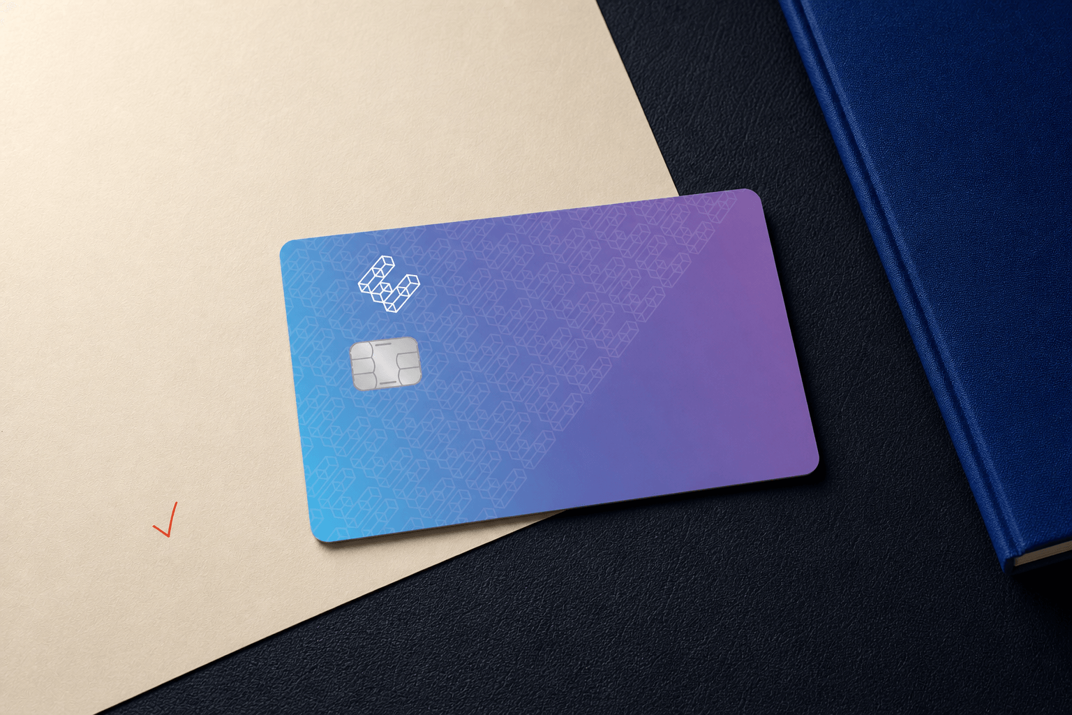 ether.fi card resting across an ivory review sheet and deep ink editorial desk with a cobalt folio