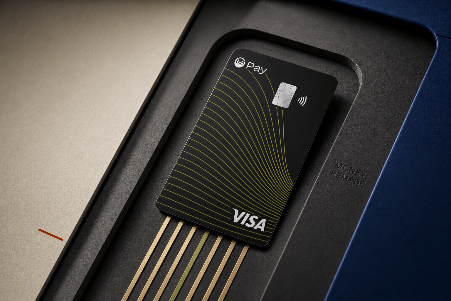Gnosis Pay card standing vertically in a machined editorial settlement cabinet with cobalt and ivory surfaces