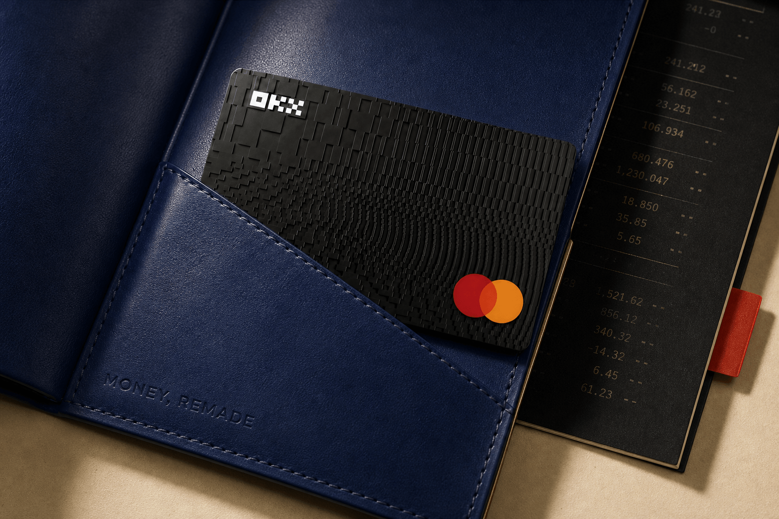Black OKX EEA Mastercard partly drawn from a cobalt Money, Remade folio
