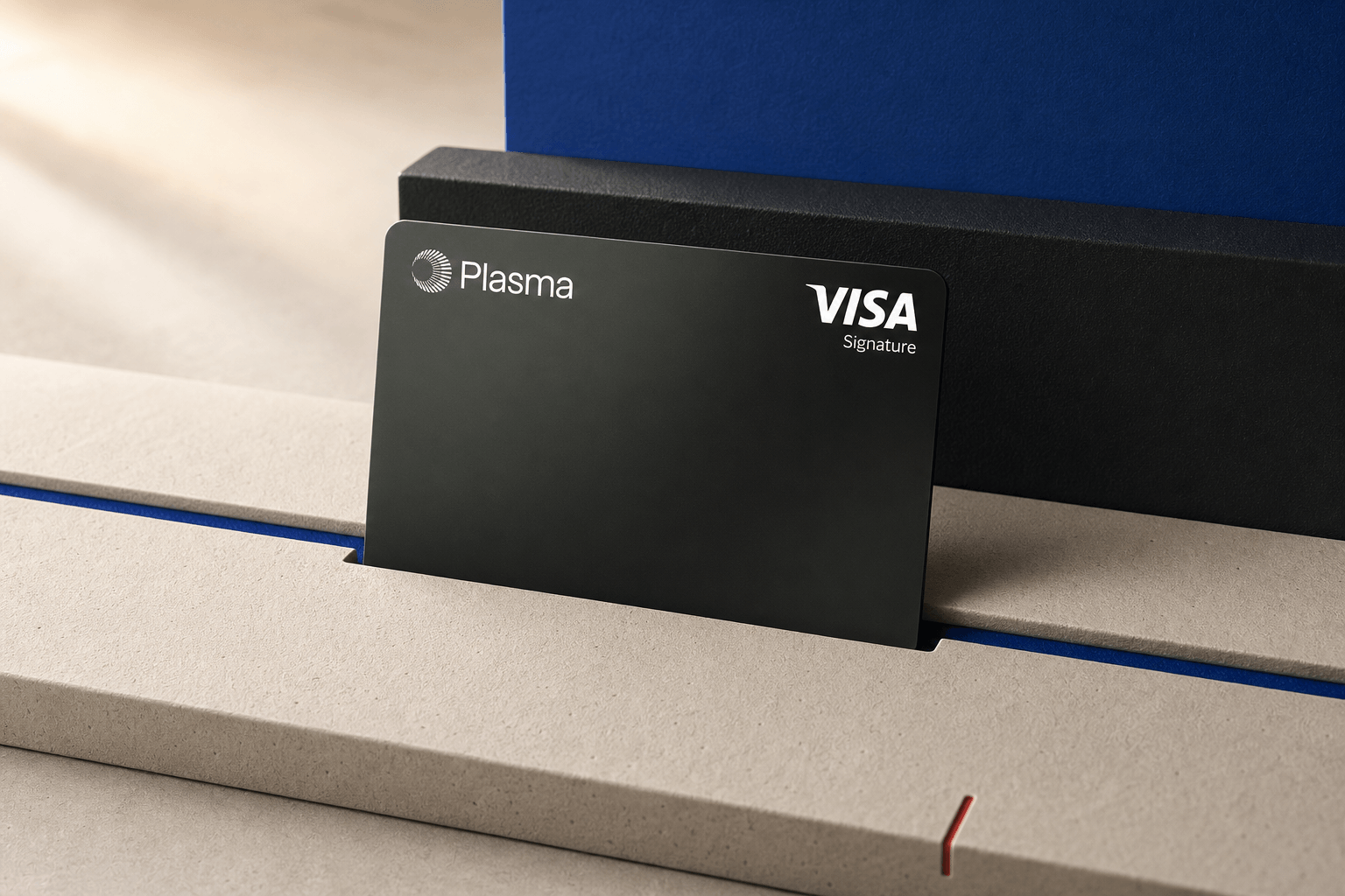 Plasma One card set into an ivory settlement gate between cobalt and ink architectural planes