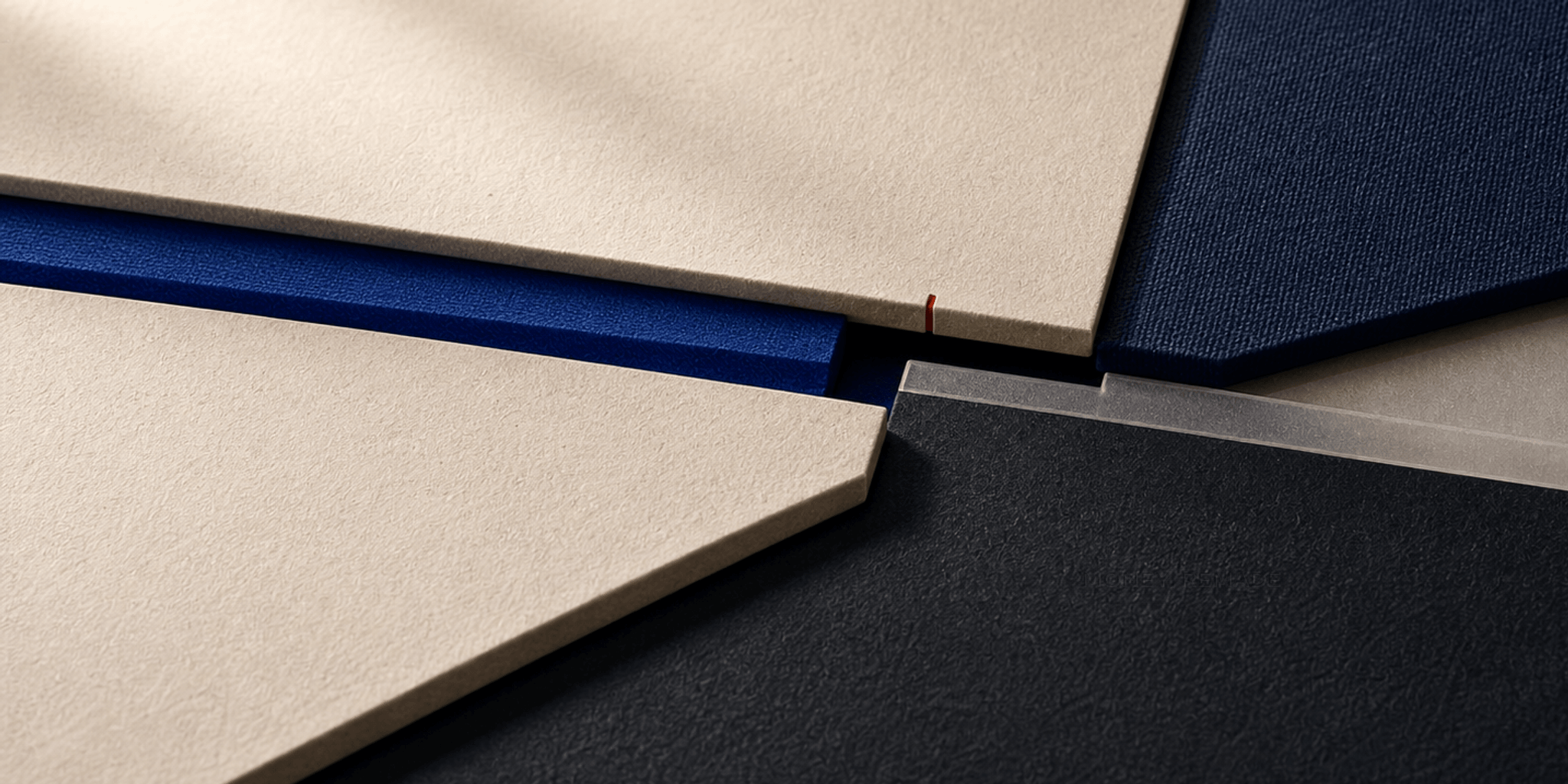 Paper, cobalt, ink and translucent layers meeting at one narrow passage