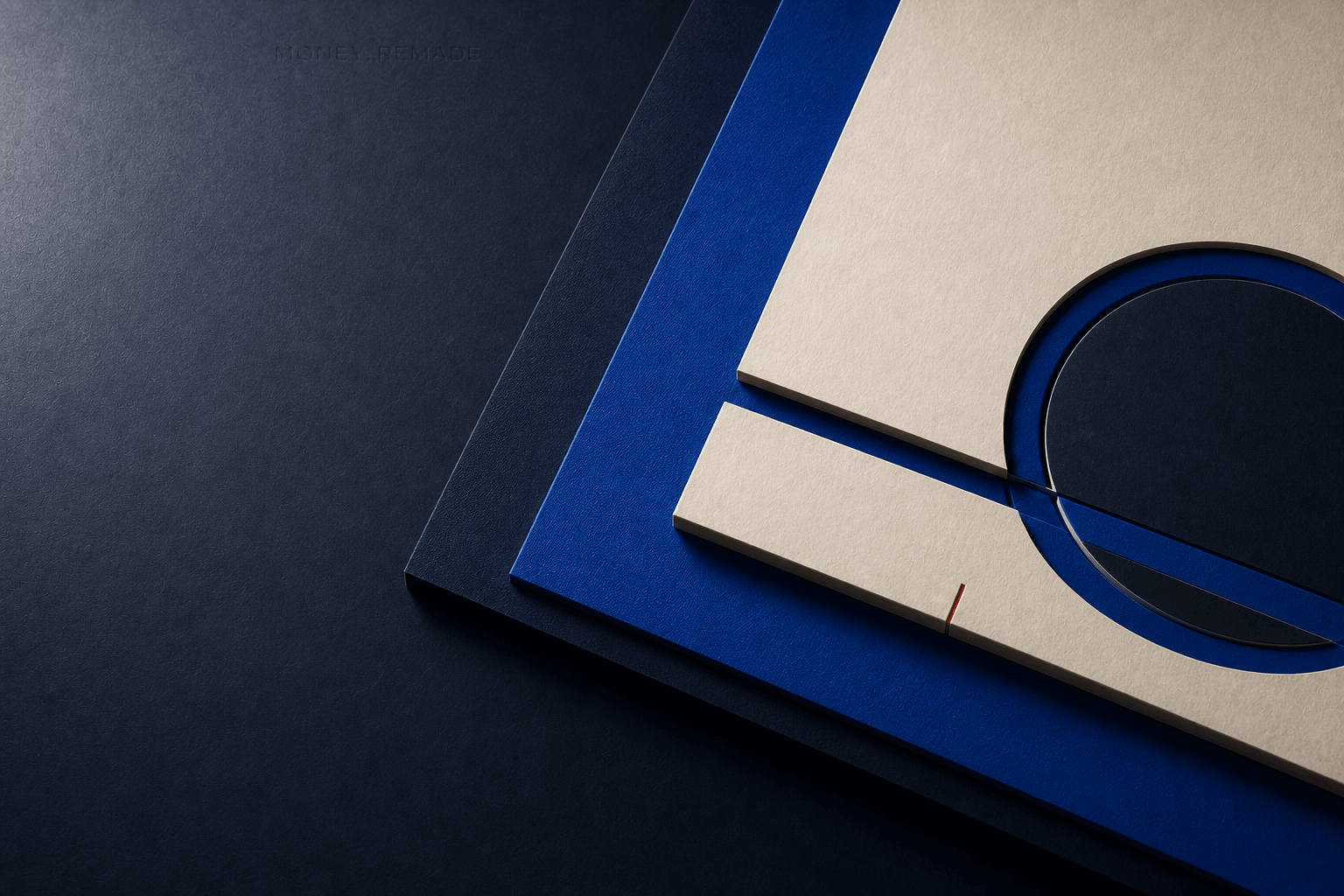 Layered paper, cobalt and ink forms arranged as a Money, Remade editorial system